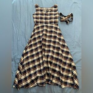 Plaid Sleeveless Midi Dress in Navy, Cream & Brown